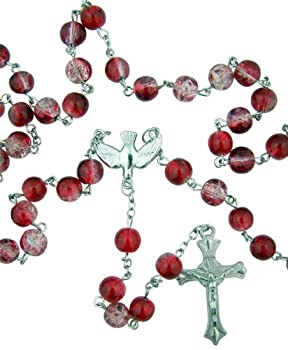 【中古】【輸入品・未使用】カトリックTeen確認ギフト8?mmレッドCrackleガラスビーズwith Holy Doveセンター21インチロザリオネックレス
