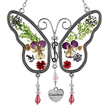 【中古】【輸入品・未使用】Grandma Butterfly サンキャッチャー ステンドグラス バタフライサンキャッチャー 押し花の翼 ガラスに埋め込まれたメタルトリム おばあちゃんハ