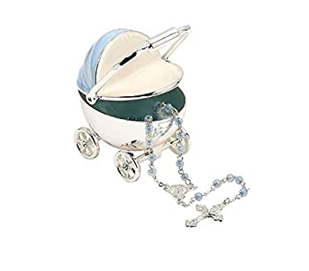 【中古】【輸入品・未使用】ローマの洗礼 ブルー ベビーカー 記念品ボックス ロザリオ付き 男の子の赤ちゃんのお祝いギフト 神に洗礼 洗礼式記念品