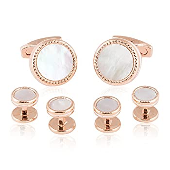 【中古】【インポート品・未当て嵌める】Cuff-Daddyさくら色ゴールド 母ちゃん オブ パール カフスリンクとスタッド フォーマル書き割り 納めるボックス席付き添い人