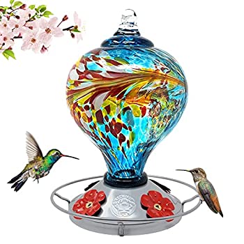 【中古】【インポート品・未当て嵌める】Grateful Gnome - Hummingbird Feeder - Hand Blown Glass - Blue Egg with Flowers - 36 Fluid Ounces