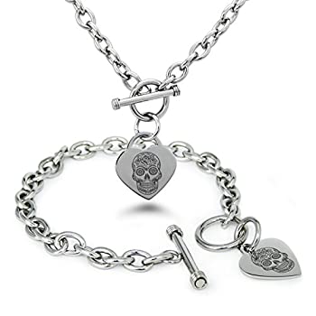 【中古】【輸入品・未使用】ステンレススチールDay of the Dead Sugar Skullシンボルハートチャームブレスレット&ネックレス