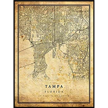 【中古】【インポート品・未当て嵌める】タンパ軍用地図 ビンテージスタイル 貼り出し刷り上げる 年寄りのシティ 美術細工物 刷り上げる アンティーク表現スタイル ホームデコ フロリダ州壁アートギ