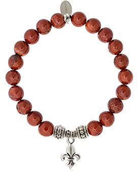 【中古】【輸入品・未使用】EvaDane天然レッドジャスパージェムストーンロープビーズFleur De Lisチャームストレッチブレスレット