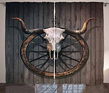 【中古】【輸入品・未使用】バーンウッドワゴンホイールカーテンby Ambesonne、ロングHorned Bull Skull And Old Westワゴンホイールon素朴な壁、リビングルームベッドルー