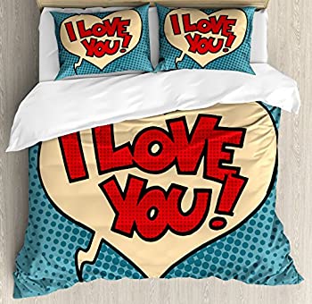 【中古】【輸入品・未使用】Ambesonne I Love You 掛け布団カバーセット ポップアートスタイル レトロコミックストリップ ラブバブルカートゥーングラフィック 装飾3ピース