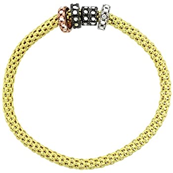 【中古】【輸入品・未使用】スターリングシルバーストレッチバングルブレスレットイエローゴールド仕上げ3色サークルビーズチャームアクセント、3?/ 16インチ幅