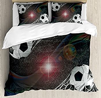【中古】【輸入品・未使用】Ambesonne ティーンルーム 掛け布団カバーセット サッカーボール ゴールマッチ成功のコンセプトと 受賞歴のある栄光テーマ 装飾寝具3点セット 枕