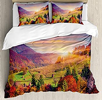 【中古】【輸入品・未使用】Nature布団カバーセットby Ambesonne、田園Autumn Morning In Mountain Village FallツリーSurreal Rural印刷、装飾寝具セットwithピロー、レッ