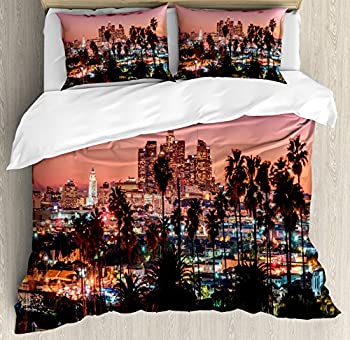 【中古】【輸入品・未使用】United States布団カバーセットby Ambesonne、鮮やかなSunset Twilight景色Los Angeles有名Downtown With Palm Trees、装飾寝具セット枕のカバー