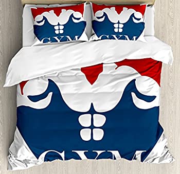 【中古】【インポート品・未当て嵌める】Fitness布団取りまかなう書き割りby Ambesonne、豪然たるなMuscular Man with二頭筋豪然たるな運動選手Bodybuilderトレーナージムロゴ、かざり付ける寝具書き割りwithピロ