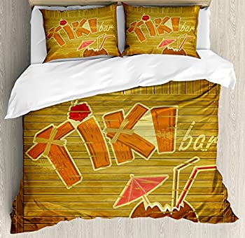 【中古】【輸入品・未使用】Tiki Bar Decor布団カバーセットby Ambesonne、木製厚板壁with Styled Tikiバーテキストカクテルハイビスカス柄アロハシャツ、装飾寝具セット枕