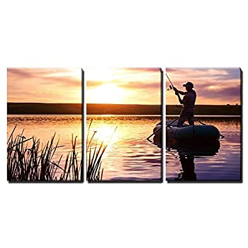 【中古】【輸入品・未使用】wall26 キャンバスウォールアート 3点 - 夕暮れ時の池の上のボートから釣りをする成熟した男性 - モダンホームアート 枠張りで額装済み - 24イン