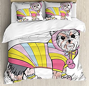 【中古】【輸入品・未使用】Ambesonne Yorkie 掛け布団カバーセット スポーツギアを持った犬と歩くためのスポーツギア カラフルドレスファン 装飾3ピース寝具セット 枕カバ