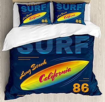【中古】【輸入品・未使用】Surf布団カバーセットby Ambesonne、アメリカBoardriders Battle Sign Long Beach Sun Standing波図で、装飾寝具セットwithピロー、ネイビーブル
