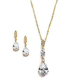 【中古】【輸入品・未使用】Mariell ベストセラー 14Kゴールドメッキ 洋ナシ型 キュービックジルコニア ブライダル ブライズメイド プロム ネックレスとイヤリングセット,