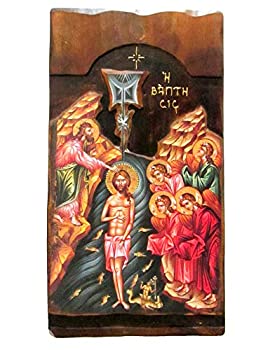 【中古】【インポート品・未当て嵌める】木製 ギリシア 神のことば教 東方正教会 木製 救い主神のことばの洗礼のアイコン / K4