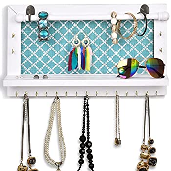 【中古】【輸入品・未使用】Viefin White Wall-Mounted Mesh Jewelry Organizer Wooden Earring Bracelet Holder with Shelf Hanging Hooks for Necklace Chic Wall Decor(W