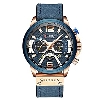 【中古】【インポート品・未当て嵌める】CURREN メンズウオッチ 石英 アナログ 暦 メンズ 流行り物 雨合羽 レザーストラップ付き添い人 青み