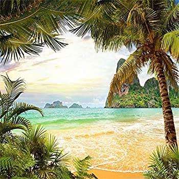 【中古】【輸入品・未使用】Leowefowa 10x10フィート ビニールビーチテーマ 写真背景 ヤシの木 ビーチ 美しい海景 海の波 山 ツアー観光 背景 誕生日 結婚式 ルアウパーティ