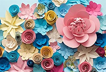 【中古】【輸入品・未使用】csfoto 7?x 5ft背景の誕生日装飾紙花青ピンク黄色Blossom Closeup美しい抽象花柄写真バックドロップLove Weddingフォトスタジオ小道具ポリエス画像