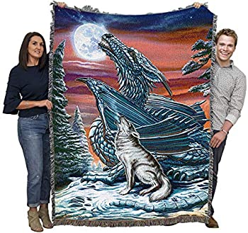 【中古】【輸入品・未使用】Ed Beard Jr作 ムーンソング オオカミとドラゴンのブランケット - コットンから織られたギフト ファンタジー タペストリー スロー 米国製 (72x54｜スカイマーケットプラス