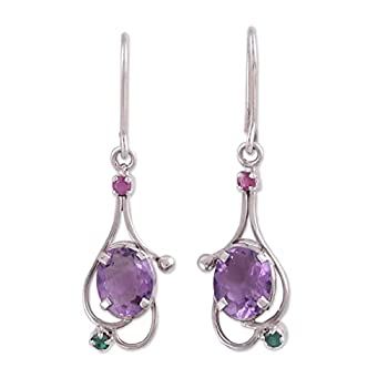 【中古】【輸入品・未使用】Novica multi-gemアメジスト。925ロジウムメッキシルバーダングルイヤリング、' Alluring Glisten '