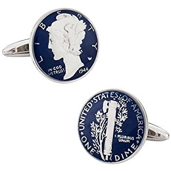 【中古】【輸入品・未使用】手描きマーキュリーダイムコインカフスボタン ブループレゼンテーションボックス