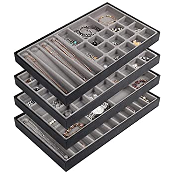 【中古】【インポート品・未当て嵌める】JackCubeDesign Stackable Leather Jewelry Tray Earring Necklace Bracelet Ring Organizer Display Storage Box(Set of 4 Black 16 x 9.6 x 1. その他-キッチン用品・食器・調理器具