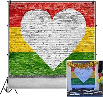 【中古】【インポート品・未当て嵌める】csfoto 5?x 5フィート周囲の状況for Love Reggae onレンガ壁活動写真バックドロップホワイトハート型イエローグリーンレッドカラフルストライプペンキ塗り壁成年者用Kid
