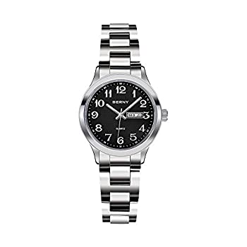 【中古】【輸入品・未使用】BERNY 曜日/日付 カップルウォッチ メンズ レディース ステンレススチール 防水腕時計 ブラック