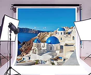 【中古】【輸入品・未使用】Laeacco ビニール 8x8フィート 写真撮影用背景 地元の教会 ブルー キュープラ イア村 サントリーニ島 ギリシャ 背景 旅行 ウェディング パーティ