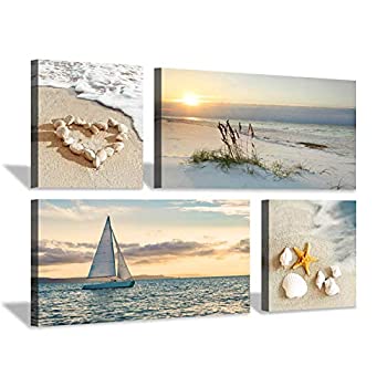 【中古】【輸入品・未使用】Hardy Gallery ビーチピクチャーサンセットキャンバスアート：海景の絵画、ヨット＆海岸のコンクアートワークウォールアートベッドルーム用（24