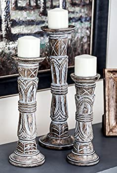 【中古】【輸入品・未使用】Benzara Contemporary Wooden Candle Holder Whitish Brown Finish, Set of 3 [並行輸入品]