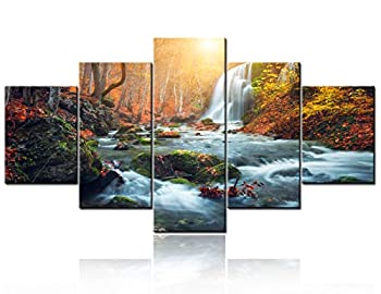 【中古】【輸入品・未使用】5 ピース キャンバス ウォール アート - 夕暮れ時の赤とオレンジの葉っぱの山の川の美しい滝 自然の風景画 - キャンバスアート 壁装飾 すぐに掛