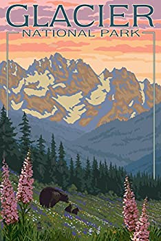 【中古】【輸入品・未使用】Bear and Cubs with Flowers - Glacier National Park, Montana (24x36 Giclee Gallery Print, Wall Decor Travel Poster) by Lantern Press