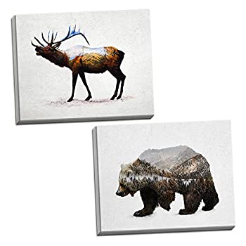 【中古】【輸入品・未使用】素朴なダブル露出 牡鹿と熊の風景セット; キャビン ロッジ装飾; 20 x 16インチのストレッチキャンバス2枚｜スカイマーケットプラス
