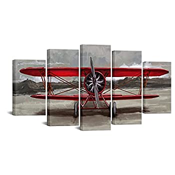 【中古】【輸入品・未使用】sechars 大型5点 キャンバスウォールアート ヴィンテージ 赤 飛行機 絵画 航空写真 キャンバス レトロ 航空機 ポスター ホーム オフィス リビン|スカイマーケットプラス