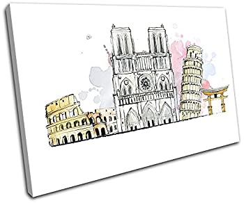 【中古】【輸入品・未使用】大胆なブロックデザイン - 抽象旅行世界ランドマークシティ シングルキャンバスアートプリントボックス フレーム入りピクチャーウォールハンギン