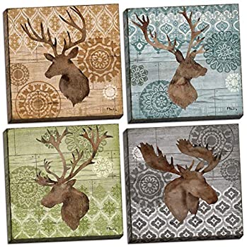 【中古】【インポート品・未当て嵌める】Gango Home Decorの派手なヘラジカのヘラジカの影ぼうし。派手なイカット周囲の状況。ロッジキャビンデコレーション。12 x 12inのキャン