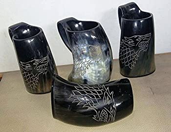 【中古】【インポート品・未当て嵌める】Game of Thrones Wolf carved Viking Drinking HornカップTankardの麦酒ブドウ酒Ale 4つMug Set全く身寄り