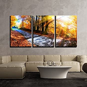 【中古】【輸入品・未使用】wall26 - 3ピース キャンバスウォールアート - パノラマの秋の風景 オレンジ調の田舎の道 - モダンホームアート ストレッチ&フレーム入りですぐ