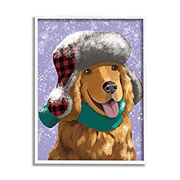 【中古】【輸入品・未使用】Stupell Industries Happy Golden Retriever in Winter Snow Hat Sally Springer Griffithによるデザイン ホワイトフレームウォールアート 16 x