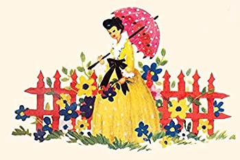 【中古】【輸入品・未使用】傘を持った女性が花に覆われたフェンスに沿って歩いています。1930年代にクラシックな主婦は、キッチン家具やその他お望みのものを装飾するため