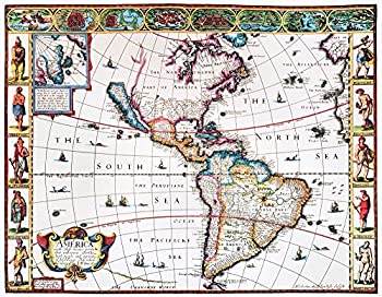 【中古】【輸入品・未使用】New World Map 1616 NEnglish Map of The Western Hemisphere John Speed 1616年に出版 カリフォルニアは巨大な島とその景色を両サイドが原住民