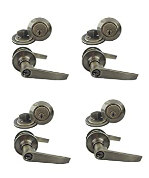 【中古】【輸入品・未使用】NU-SET 4 x (T-E-5-3 + 70053) KA Tustin 同一鍵ドアレバーロックとシングルシリンダーデッドボルト アンティーク真鍮/真鍮