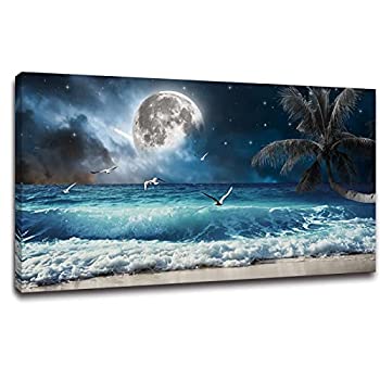 【中古】【輸入品・未使用】Yxbhhym 大型 月 海 ウォールアート 海景 絵画 海 写真 キャンバス ブルー ビーチ アートワーク 壁 風景 ポスター プリント ココナッツ 木 壁装
