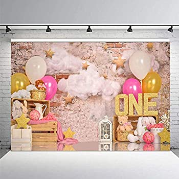 【中古】【輸入品・未使用】MEHOFOND 7x5フィート ピンクゴールド バルーン 女の子 初めての誕生日パーティー背景 スイートワン レトロ レンガ壁 雲 ゴールドスター 写真背