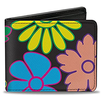 【中古】【輸入品・未使用】バックルダウン PU 二つ折り財布 - 花 ブラック/マルチカラー