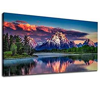 【中古】【輸入品・未使用】夕暮れの風景 キャンバスウォールアート リビングルーム用 壁装飾 雪山 森 川 ナートル キャンバスピクチャープリント アート作品 寝室 バスルー